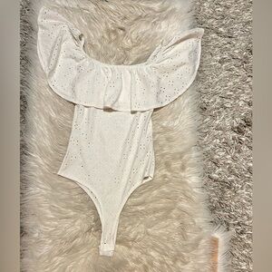 White Eyelet Off-the-Shoulder Thong Bodysuit